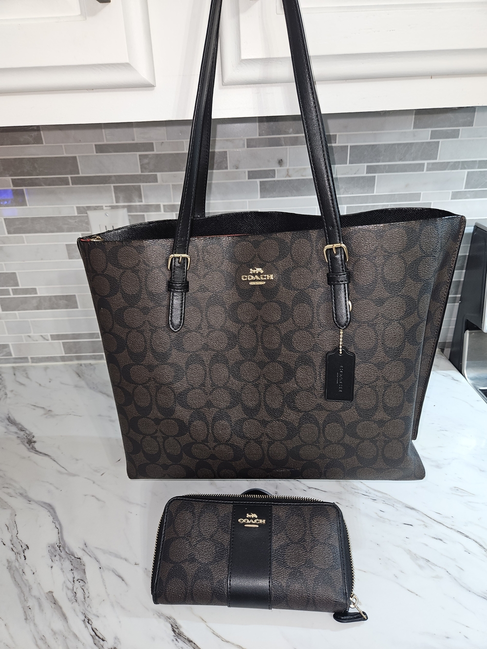 COACH Brown Signature Canvas Tote Bag with Matching Wallet